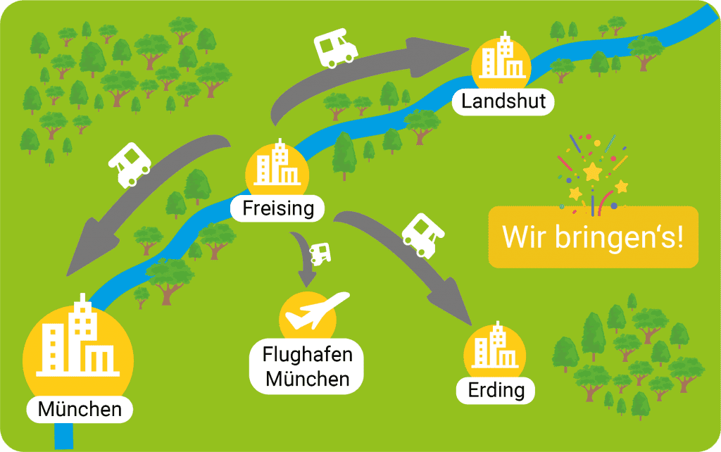 Grafik einer animierten Landkarte vom Gebiet des Camper Bring- und Holservices